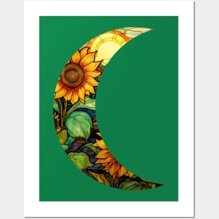 Sunflower Stained Glass Moon Posters and Art